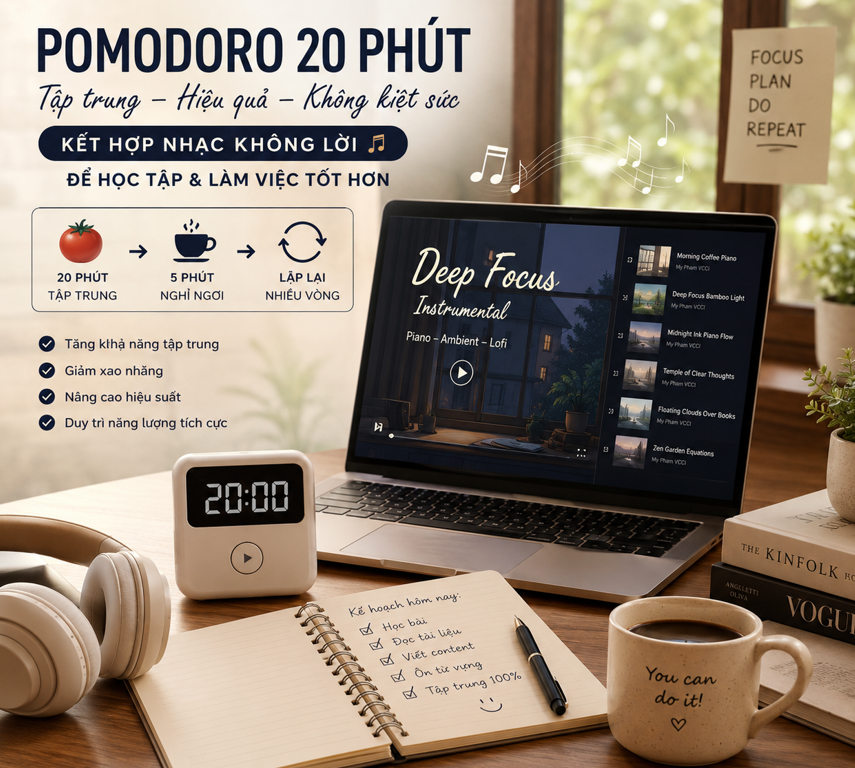 Nhạc không lời hay kết hợp phương pháp pomodo 20 phút tập trung làm việc học tập hiệu quả.